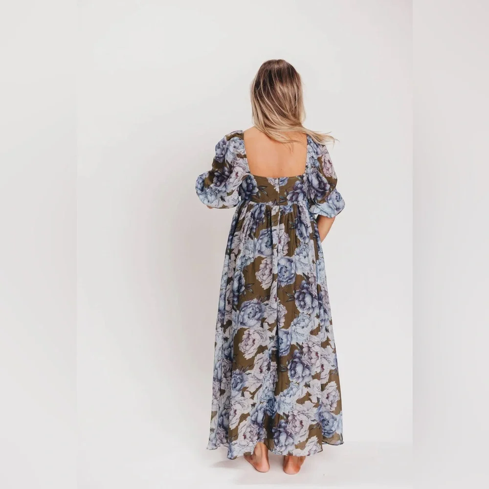 Floral Square-Neck Long Sleeve Maxi Dress - Olive & Lavender - Picture 8 of 13